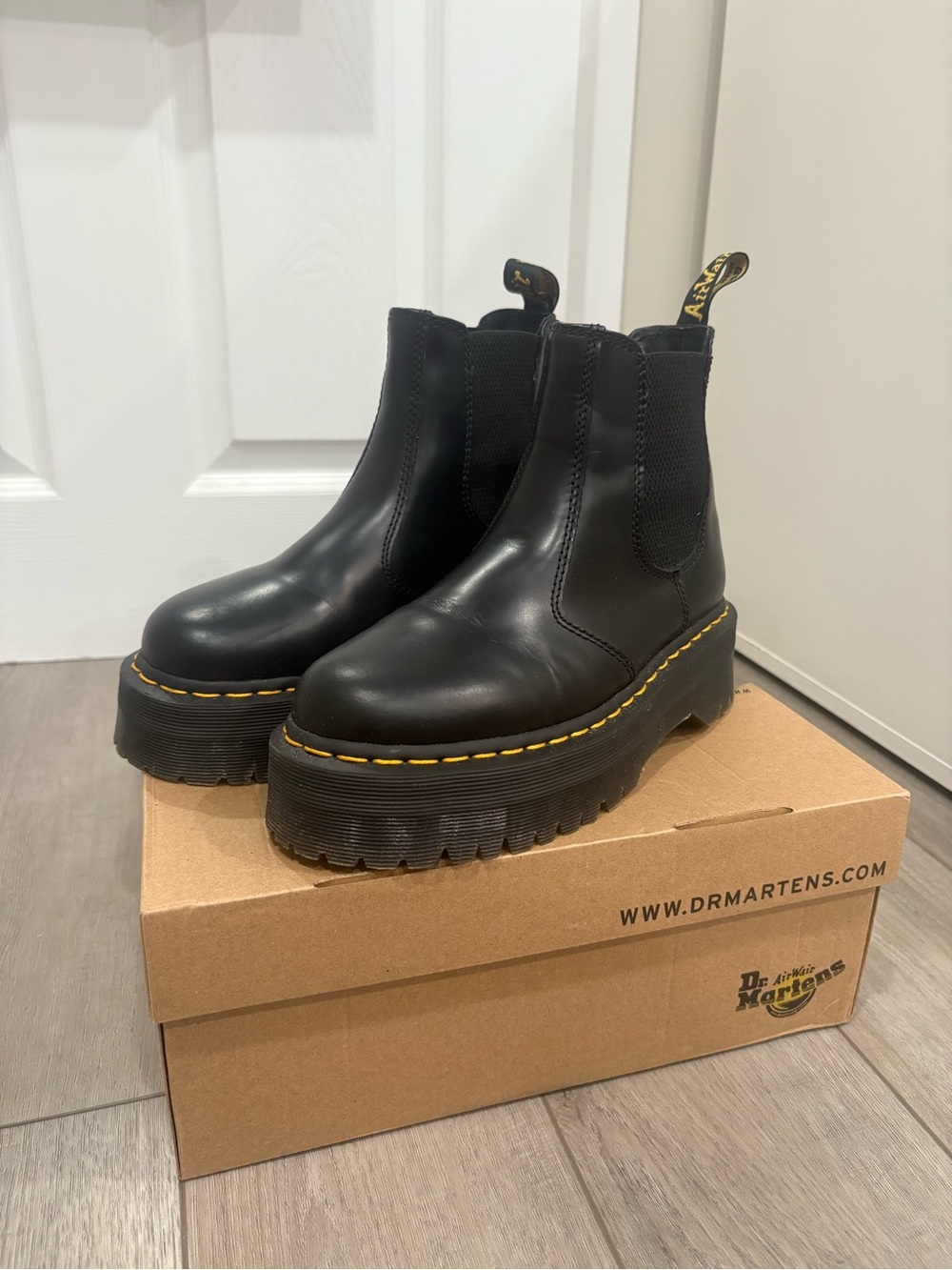 Dr. Martens Women's Black Platform Lace-Up Chelsea Boots with Yellow Stitching